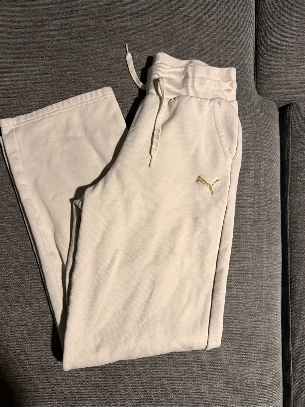 Puma Woman’s Cream/Off-White Sweatpants with Gold Logo
